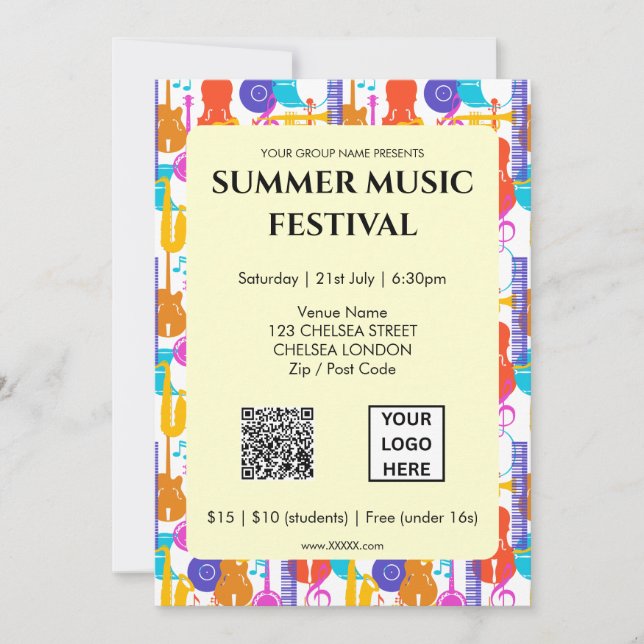 Sommer-Musikfestival QR-Code und Logo Einladung (Vorderseite)