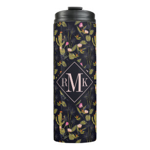 Sommer-Nachtkaktus-Muster des Monogramm- dunkles Thermosbecher