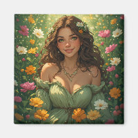 Sommer-Naturgöttin Nymphe im grünen Gewand Blumen