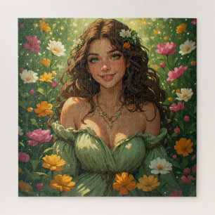 Sommer-Naturgöttin Nymphe im grünen Gewand Blumen Puzzle