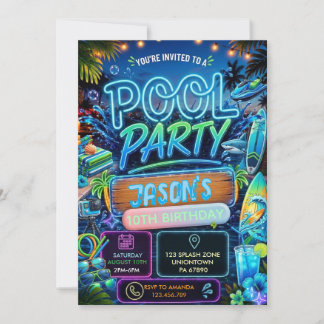 Sommer-Neon-Poolparty-Jungen-Geburtstag Einladung