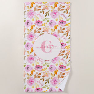 Sommer-Pink-Aquarell-Blumen-Monogramm und Name Strandtuch