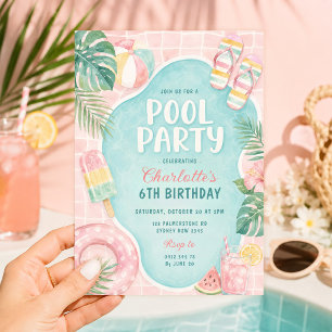 Sommer-Pink-Poolparty: Geburtstag eines Mädchens i Einladung