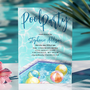 Sommer-Poolparty-Strandball Süße 16. Geburtstagsfe Einladung