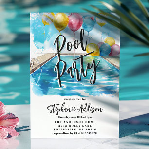 Sommer-Poolparty-Watercolor Sweet 16 Geburtstag Einladung