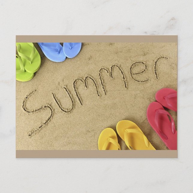 Sommer Postkarte (The word "Summer" is written in the sand, with the letters appearing to be etched or drawn.)