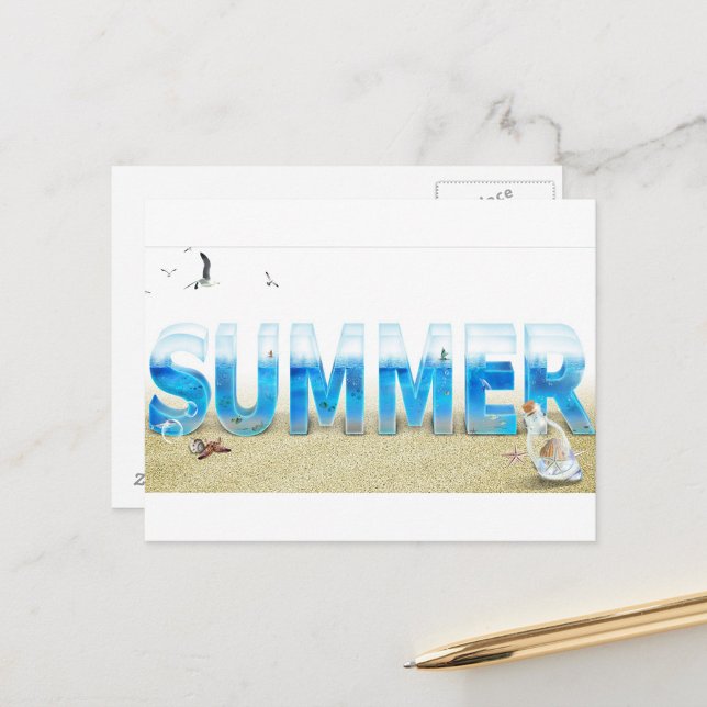 Sommer Postkarte (A postcard with the word "SUMMER" in large, three-dimensional letters filled with an ocean scene!)