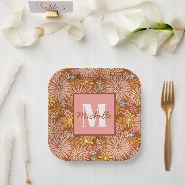 Sommer Retro-Blume | Monogramm-Papierteller Pappteller (Hochzeit)