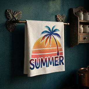 Sommer-Retro-Sonnenuntergang-Palme Geschirrtuch