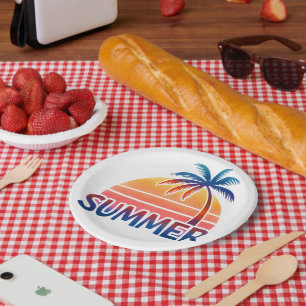 Sommer-Retro-Sonnenuntergang-Palmenbaum Pappteller