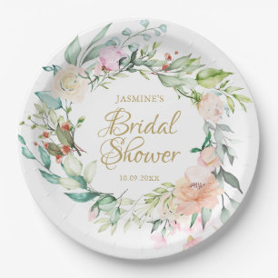Sommer-Rosen-Wasserfarbe Gold-Schrift Brautparty Pappteller