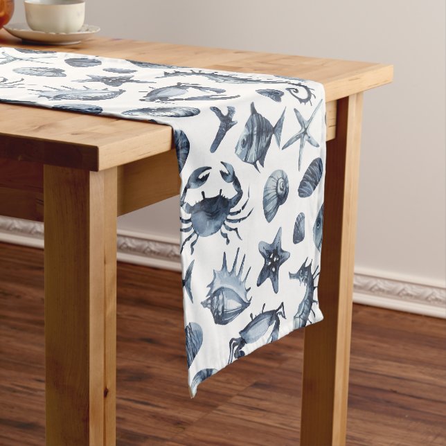 Sommer Seeseashell Starfish-Krabben-Seepferd Kurzer Tischläufer (Beispiel)