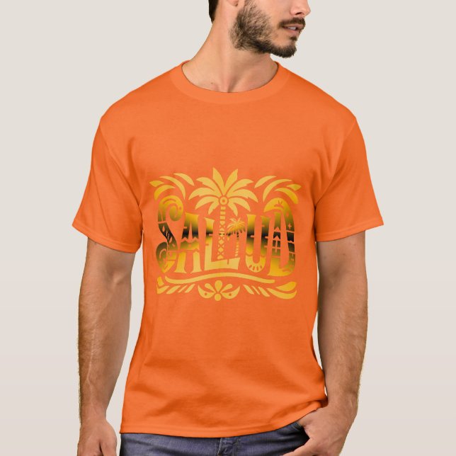Sommer Sonne und Meer - "SALUD" - Palmendekor T-Shirt (Vorderseite)