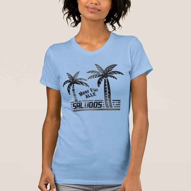 Sommer Sonne und Meer - "SALUDOS" - Palmendekor T-Shirt (Vorderseite)