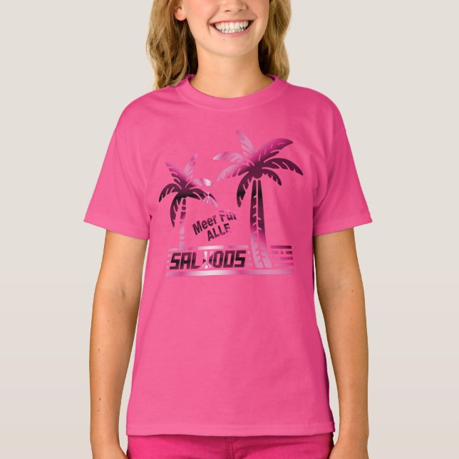 Sommer Sonne und Meer - "SALUDOS" - Palmendekor T-Shirt (Vorderseite)