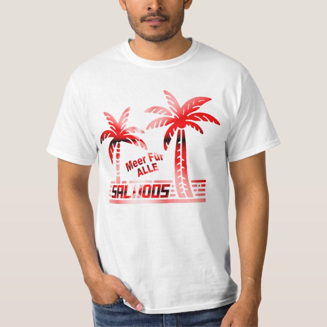 Sommer Sonne und Meer - "SALUDOS" - Palmendekor T-Shirt (Vorderseite)