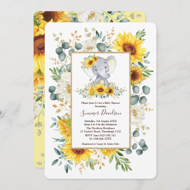 Sommer-Sonnenblume-Elefant-Grün-Babyparty Einladung (Vorne/Hinten)