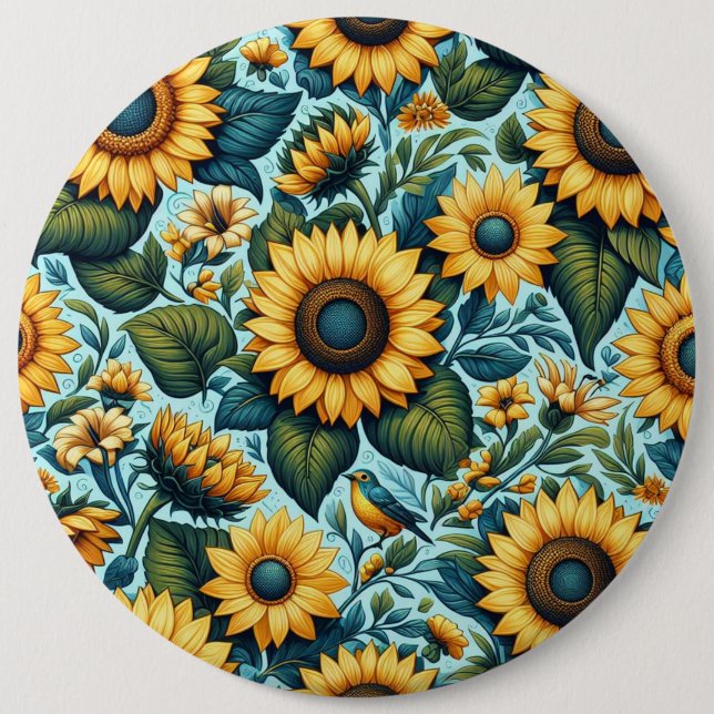 Sommer/Sonnenblumen/Vogel Button (Vorderseite)