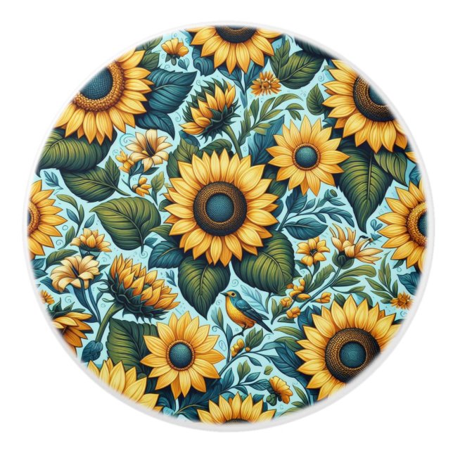 Sommer/Sonnenblumen/Vogel Keramikknauf (Vorderseite)