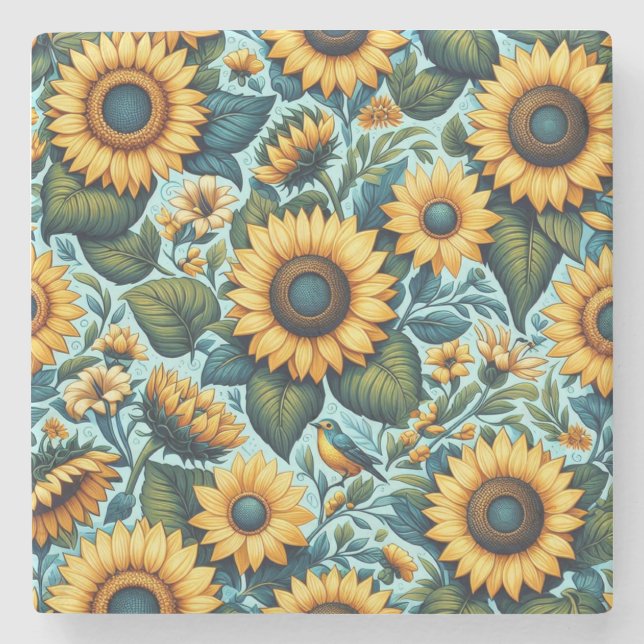 Sommer/Sonnenblumen/Vogel Steinuntersetzer (Vorderseite)