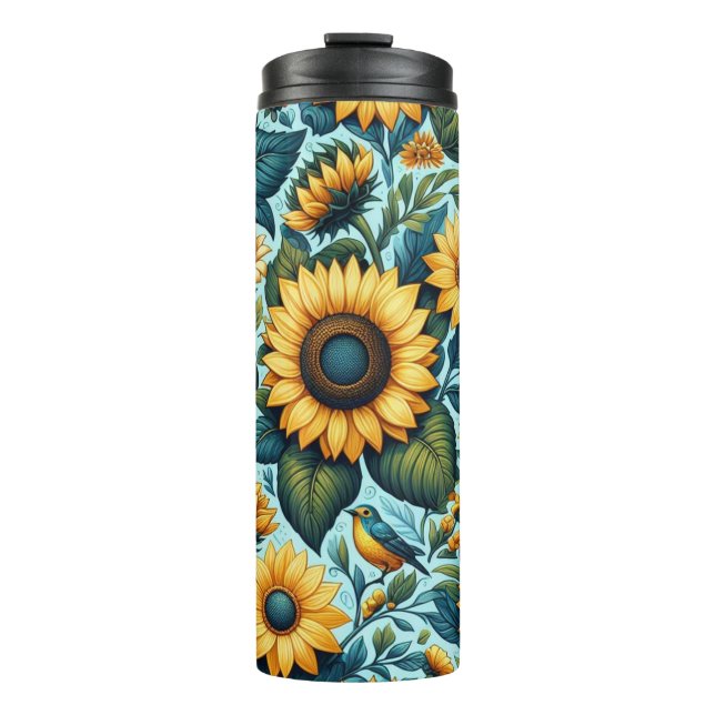 Sommer/Sonnenblumen/Vogel Thermosbecher (Vorderseite)