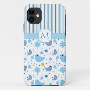 Sommer-Spaß blaue Vögel und Blumen Monogramm Case-Mate iPhone Hülle