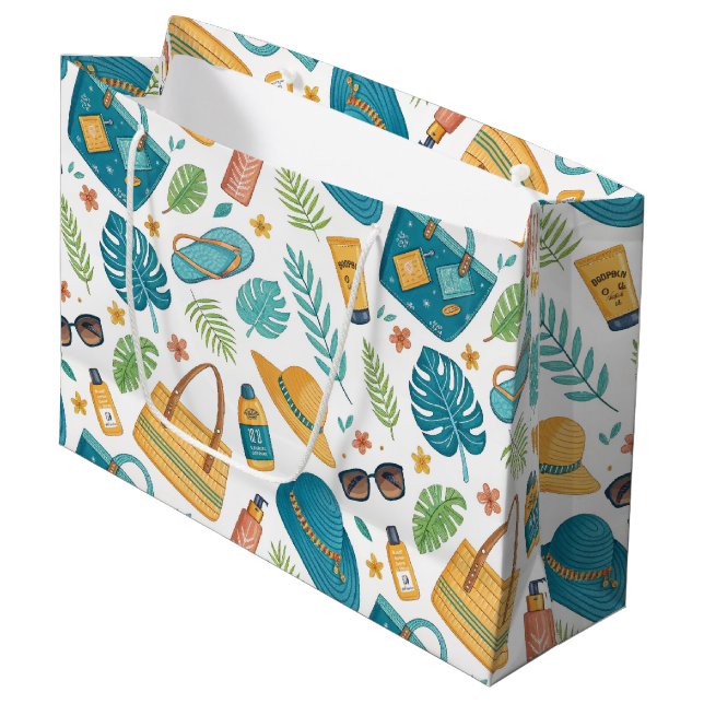 Sommer Strand Essentials Muster (1) Große Geschenktüte (Vorderseite Schrägansicht)