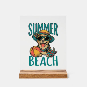 Sommer-Strand-Hund-Vintage-Sonnenbrille-Shirt-Desi Acrylschild
