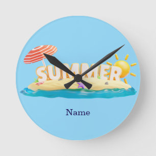 Sommer Strand Insel 3D Trendige Tropische Ferien Runde Wanduhr