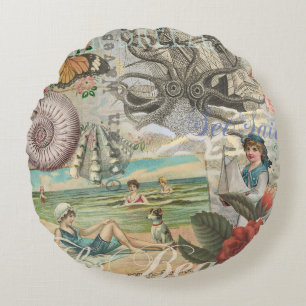 Sommer Strand Vintage Oktopus Antik Segeln Rundes Kissen