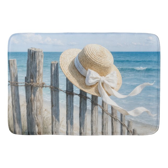 Sommer-Strohhut auf Strandzaun Badematte (Vorderseite)