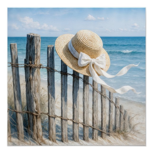 Sommer-Strohhut auf Strandzaun Poster (Vorderseite)
