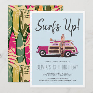Sommer-Surfpärty Vintage-Pink-Auto-Einladung Einladung
