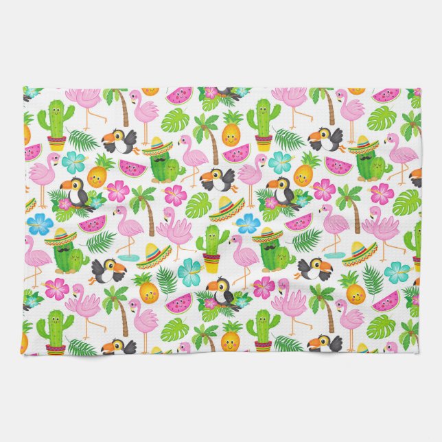 Sommer tropischen Toucan und Flamingo Muster Geschirrtuch (Horizontal)