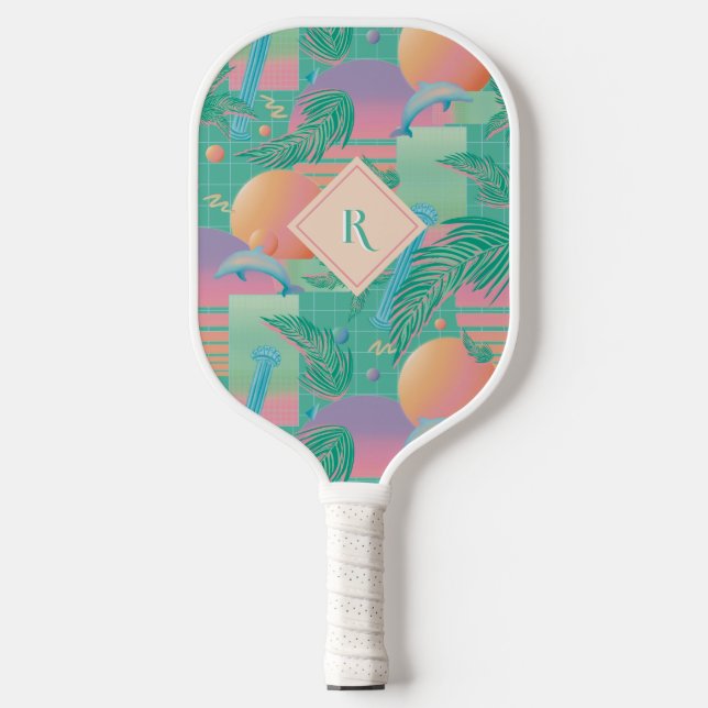 Sommer Vaporwave Sonnenuntergang und Palmen Bäume Pickleball Schläger (Vorderseite)
