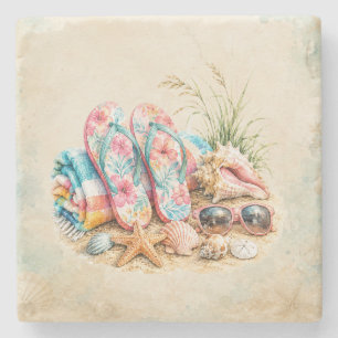 Sommer-Vibes-Wasserfarbe-Strandhut Coastal Stone C Steinuntersetzer