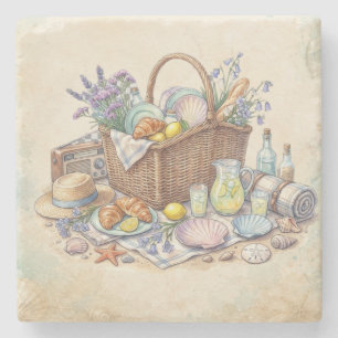Sommer-Vibes-Wasserfarben-Strand-Picknickkorb Steinuntersetzer