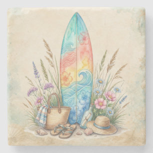Sommer-Vibes-Wasserfarben-Surfboard-Strand-Design Steinuntersetzer