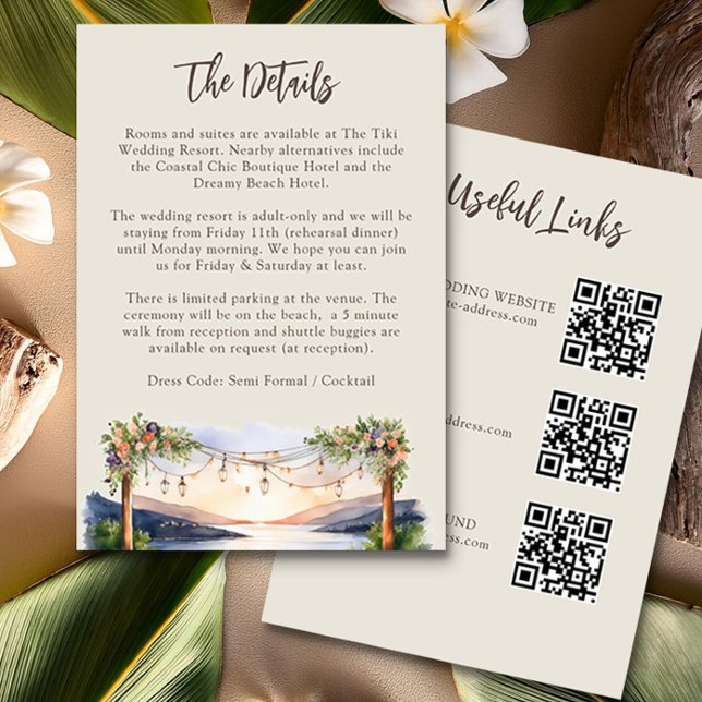 Sommer-Wasserfarbe Strand Hochzeitdetails QR-Code Begleitkarte (Wedding Details and QR Codes Insert Card from the Sunset Beach Wedding Collection by Darling & May)