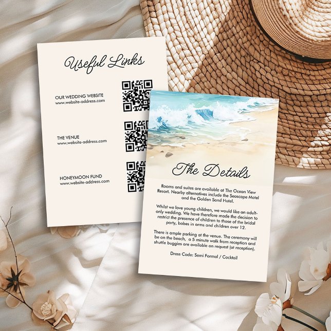 Sommer-Wasserfarbe Strand Hochzeitdetails QR-Code Begleitkarte (Wedding Details enclosure cards from the Summer Beach Wedding Collection by Darling & May)