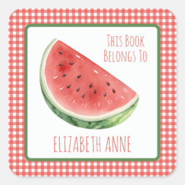 Sommer-Wassermelone und rotes Gingham-Karo-Exlibri Quadratischer Aufkleber