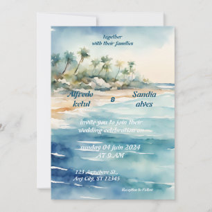 Sommer-Watercolor-Strand Ozean Blau Hochzeit  Einladung