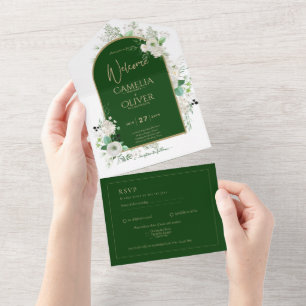 Sommer Weiße Rosen Smaragdgrüne Bogen Hochzeit All In One Einladung