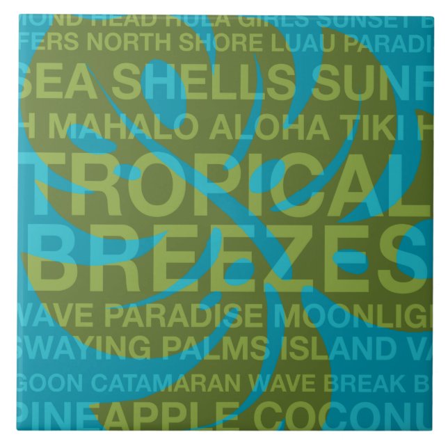 Sommer Worte tropisch und Monstera Leaf Tiles Fliese (Vorderseite)