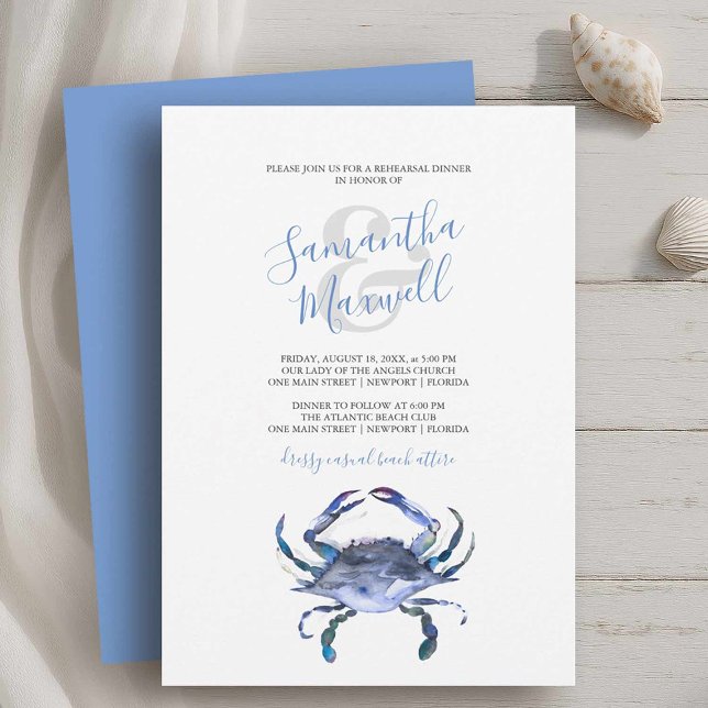 Sommerabend Probe Einladung Blue Crab (classy rehearsal dinner invitations with blue crab on a white background printable or printed cards)