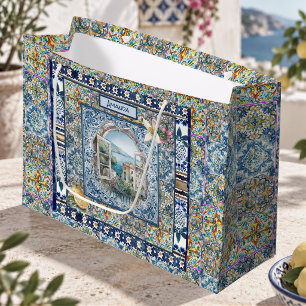 Sommerblaue Majolika-Fliesen-Zitrus-Monogramm Große Geschenktüte