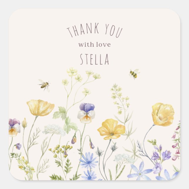 Sommerblicke, Wildblumen, rustikal, Aquarell, Quadratischer Aufkleber (Vorderseite)