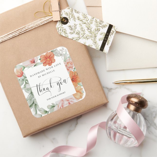 Sommerblumenhandgefertigt mit Liebe danke Quadratischer Aufkleber (Schenken)