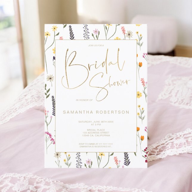 Sommerchic Wild Blume Gold-Script-Brautparty Einladung (Summer chic wild flowers gold script bridal shower invitation)