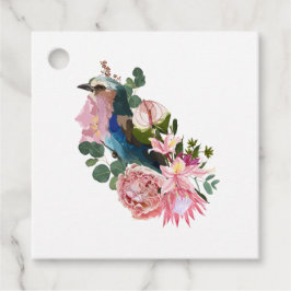 Sommerdesign mit Vogel- und rosa Blume. Geschenkanhänger